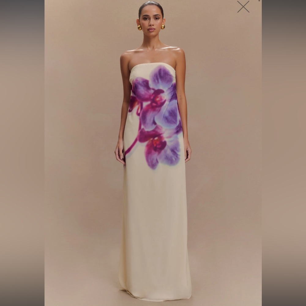Meshki Amaya Strapless Chiffon Maxi Dress - Ivory Koi Orchid Print